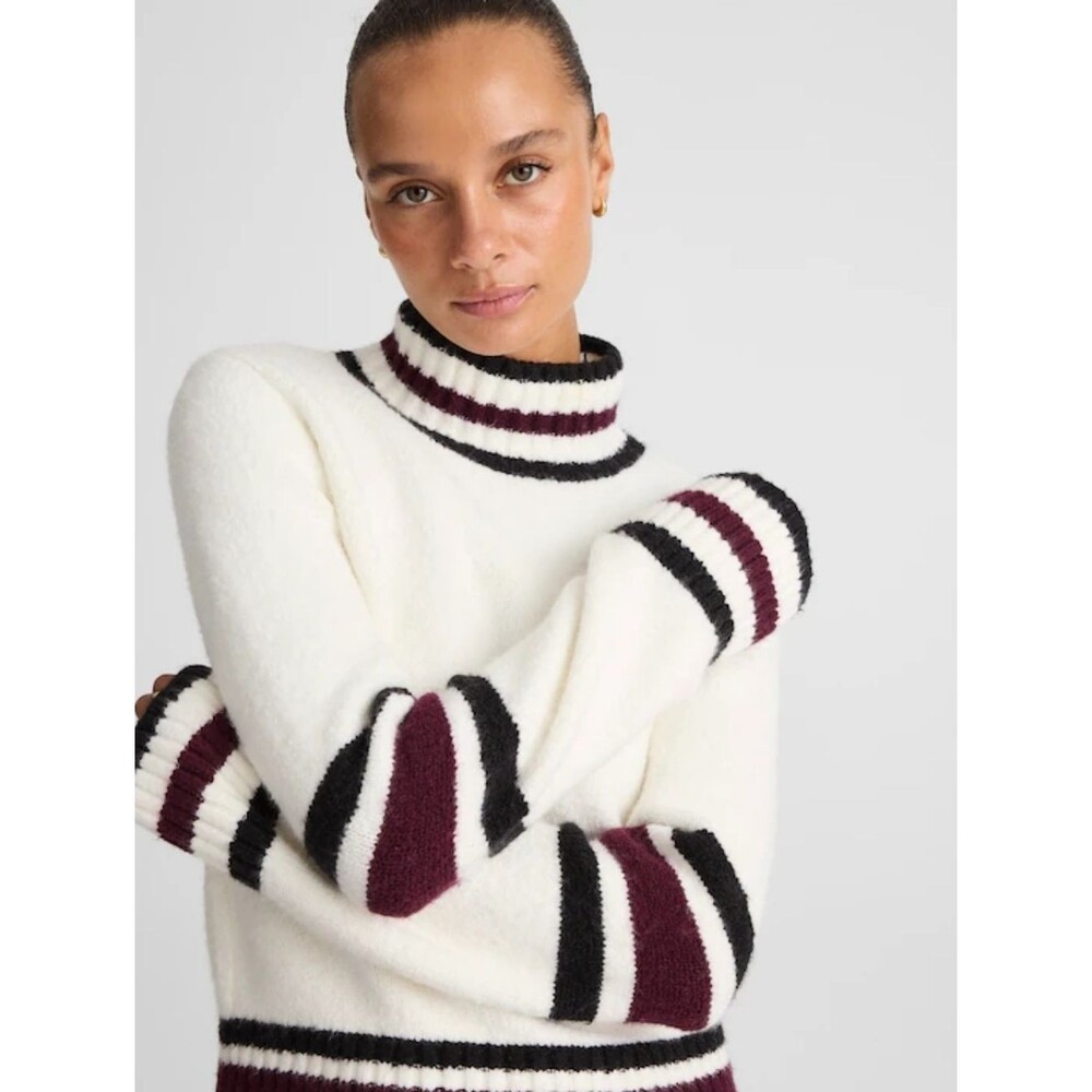 Madewell Ribbed-Trim Wool Blend Mockneck Sweater Jet Black Stripe Size S Cozy